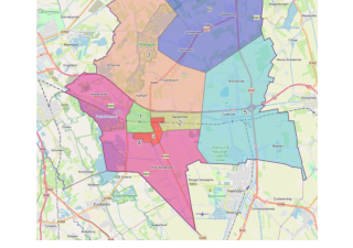 Kaart van Midden-Groningen met deelgebieden op kleur. 