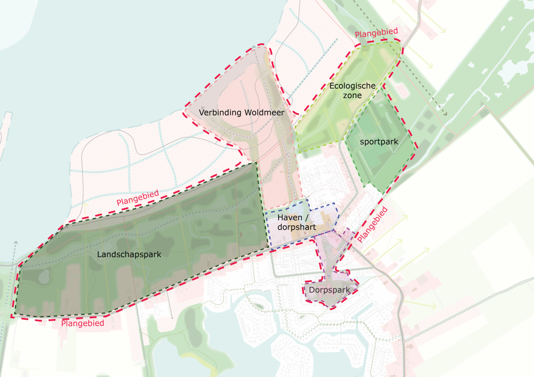 Een plattegrond met de 4 betreffende deelgebieden in Harkstede, namelijk: het Landschapspark, het Sportpark, de Ecologische Zone en Haven/Dorpshart