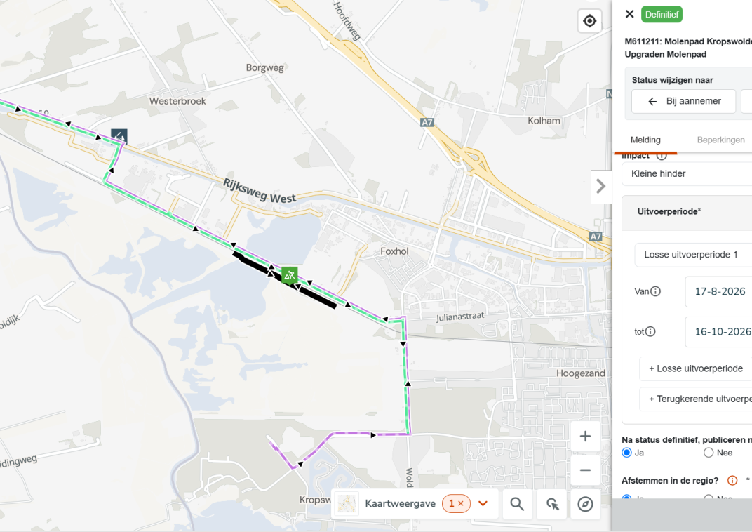 Kaart met de route van de werkzaamheden aan het Molenpad bij Kropswolde, van Hoogezand via Foxhol richting het westen. De werkzaamheden staan gepland van 17 augustus tot en met 16 oktober 2026.