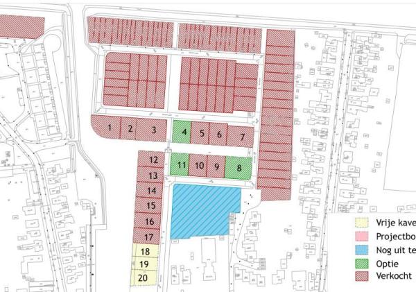 Kavelkaart Ijsbaanlocatie. Op de afbeelding zijn verschillende kavels te zien, van nummer 1 t/m 20. 