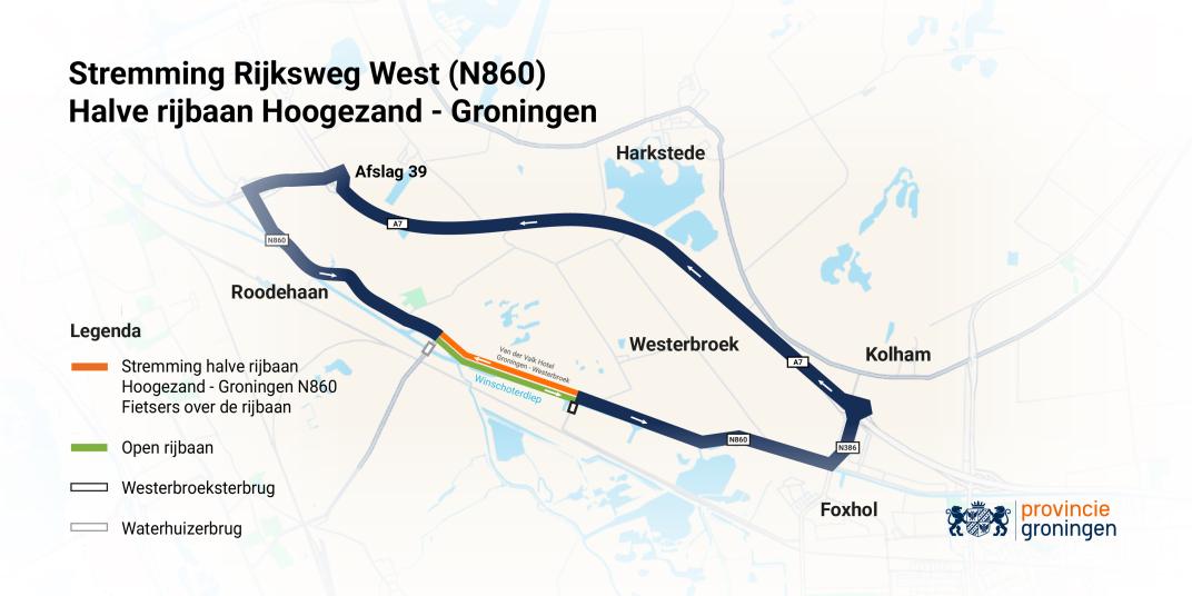 Kaart van de provincie Groningen met een omleiding door werkzaamheden aan de Rijksweg West (N860) tussen Hoogezand en Groningen. Een deel van de weg bij het Winschoterdiep en de Westerbroeksterbrug is gestremd (oranje). Verkeer wordt omgeleid via de A7 langs Westerbroek, Harkstede en afslag 39 bij Roodehaan. Een deel van de N860 blijft open (groen). Fietsers mogen over de rijbaan bij het gestremde deel.
