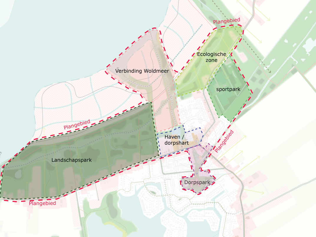 Een plattegrond met de 4 betreffende deelgebieden in Harkstede, namelijk: het Landschapspark, het Sportpark, de Ecologische Zone en Haven/Dorpshart