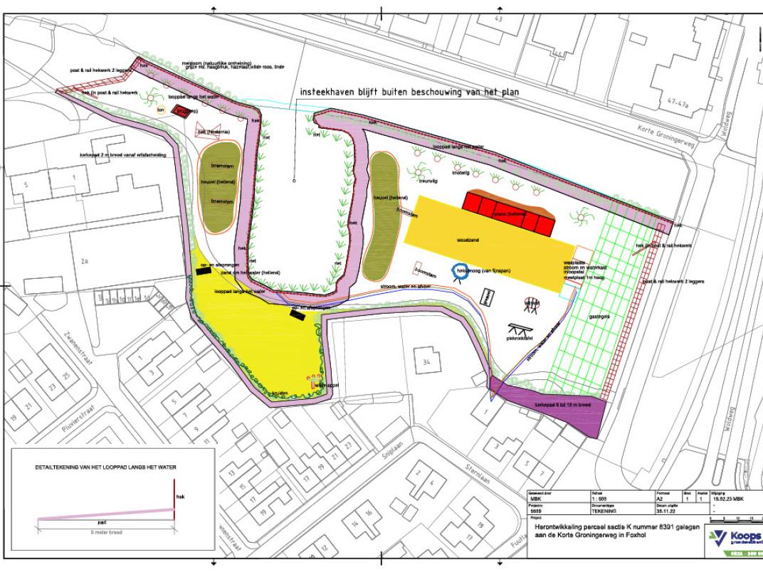 Plattegrond van de herinrichting met een looppad langs het water, groenzones, bomen, speel- en verblijfsplekken en omliggende bebouwing.