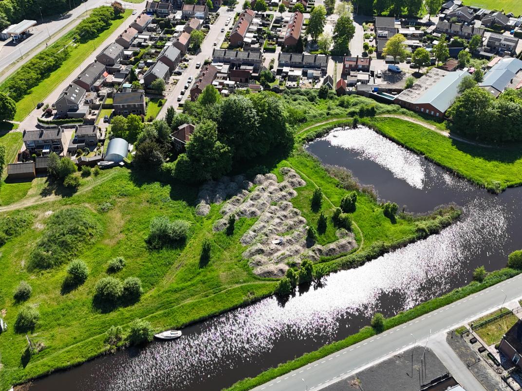 Schuine luchtfoto van een groen terrein langs het water met wandelpad, gras, struiken en hoogteverschillen, grenzend aan woningen, een weg en een kanaal.