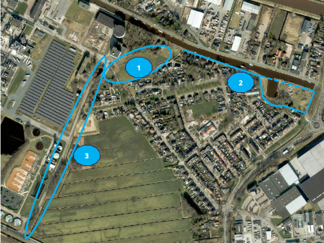 Luchtfoto van het plangebied met blauw omlijnde grens en drie gemarkeerde deelgebieden (1, 2 en 3) tussen woningen, water en bedrijventerrein.
